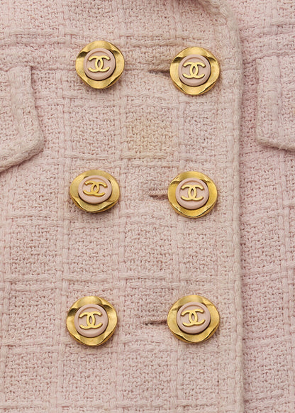 CHANEL Jacket, Coco Button, Tweed, Cotton, Pink, Gold-Tone Hardware, Pre-Owned - Vintage La Charme