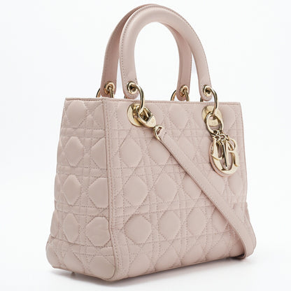 Dior Lady Dior Cannage 2WAY Handbag Lambskin Light Pink Gold-Tone Hardware Pre-Owned - Vintage La Charme