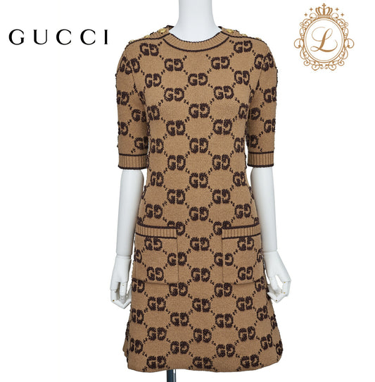Gucci One Piece Top Skirt, Logo Mark, Knit, Wool, Brown, Gold-Tone Hardware, Pre-Owned - Vintage La Charme