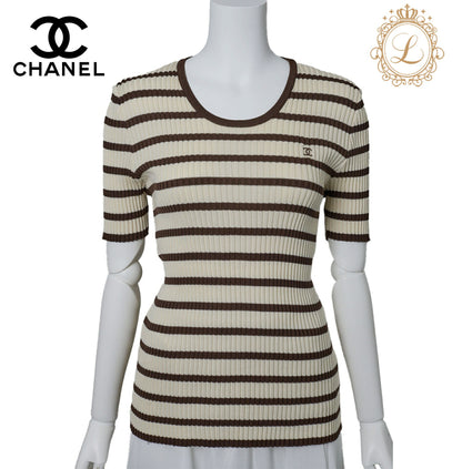 CHANEL T-Shirt, Coco Mark Border, Knit, Cotton, Ivory, Gold-Tone Hardware, Pre-Owned - Vintage La Charme