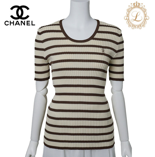 CHANEL T-Shirt, Coco Mark Border, Knit, Cotton, Ivory, Gold-Tone Hardware, Pre-Owned - Vintage La Charme