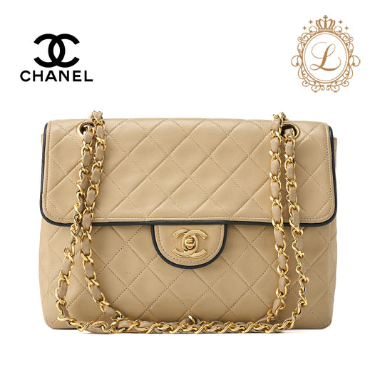 CHANEL Shoulder Bag, Matelasse Turn Lock, Lambskin, Beige, Gold-Tone Hardware, Pre-Owned - Vintage La Charme