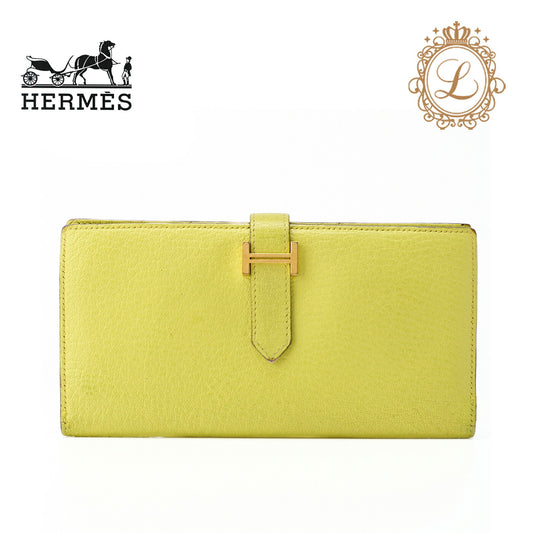 HERMES Bairn Classic Bi-Fold Long Wallet Chèvre Lime Gold-Tone Hardware Pre-Owned - Vintage La Charme