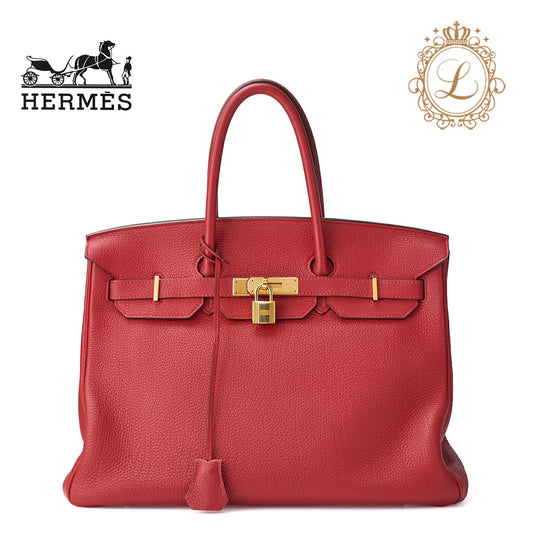 HERMES Birkin 35 Handbag Tryon Clemence Rouge Pivoine Gold-Tone Hardware Pre-Owned - Vintage La Charme