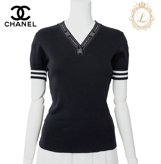 CHANEL T-Shirt, Short Sleeve, Cut-and-Sew, Cotton, Black, Silver-Tone Hardware, Pre-Owned - Vintage La Charme