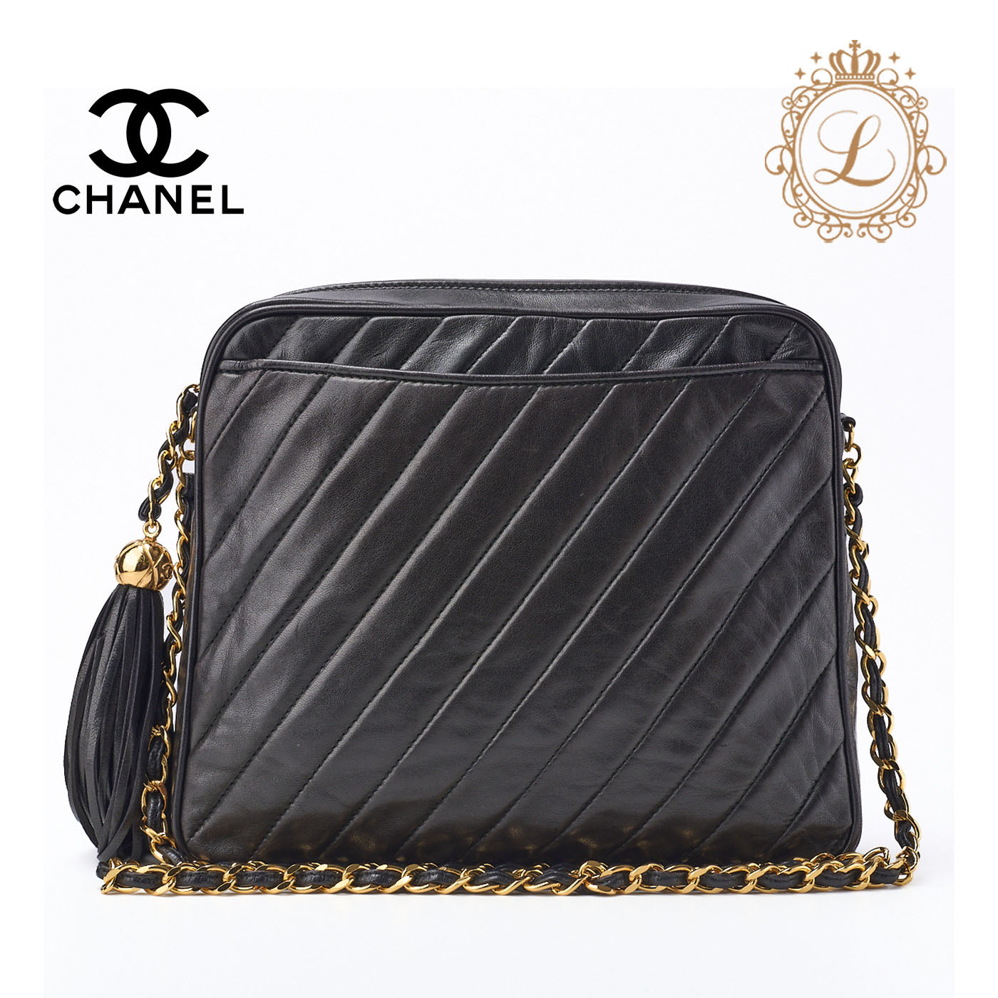 CHANEL Shoulder Bag, Bias Stitch, Coco Mark, Lambskin, Black, Gold-Tone Hardware, Pre-Owned - Vintage La Charme