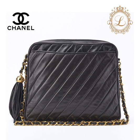 CHANEL Shoulder Bag, Bias Stitch, Coco Mark, Lambskin, Black, Gold-Tone Hardware, Pre-Owned - Vintage La Charme