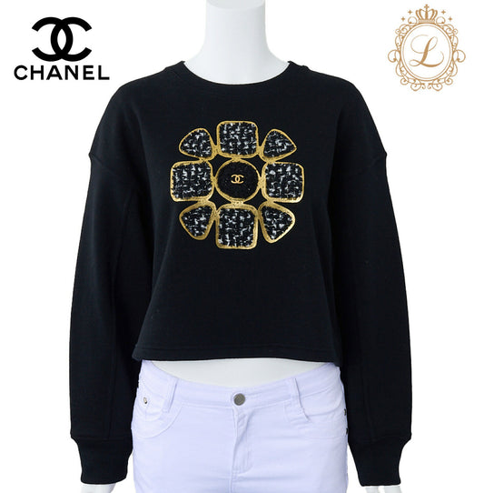 CHANEL Cropped Sweatshirt, Coco Mark, Tweed, Cotton, Black, Pre-Owned - Vintage La Charme