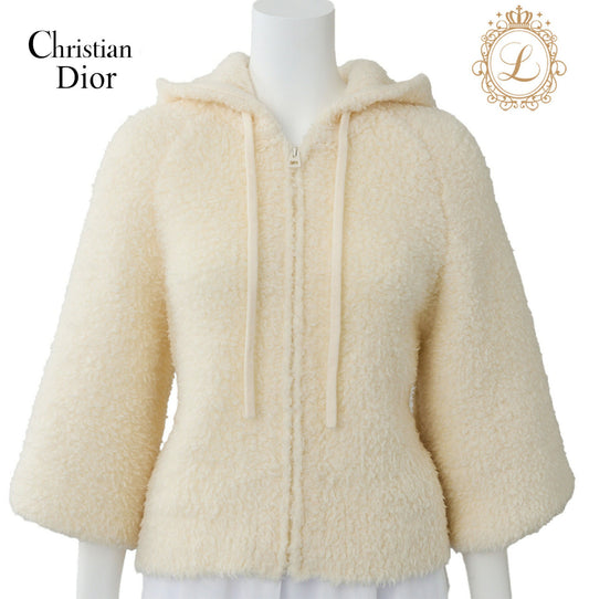 Dior Hoodie Knit Top, J'ADIOR 8 Jadiol Logo, Wool Nylon Blend, Ivory, Silver-Tone Hardware, Pre-Owned - Vintage La Charme