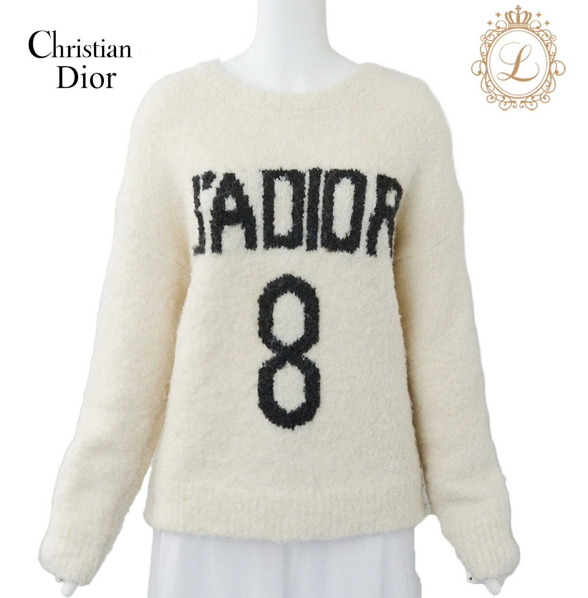 Dior Knit Sweater Top, J'ADIOR Logo, Wool Blend, White, Silver-Tone Hardware, Pre-Owned - Vintage La Charme