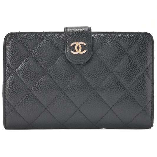 CHANEL Matelasse Bi-Fold Wallet Caviar Skin Black Gold-Tone Hardware, Pre-Owned