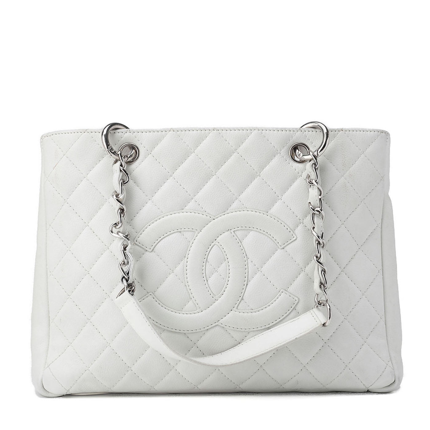 CHANEL Schultertasche Matelassé Caviar Skin Weiß Silberfarbene Hardware Gebraucht