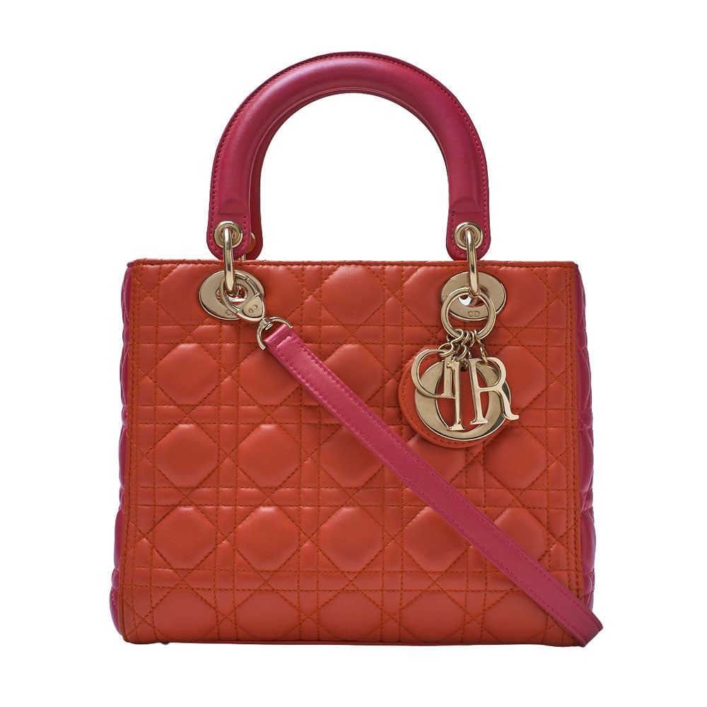 Dior Lady Dior Cannage Bicolor 2WAY Handtasche Lammleder Rot Goldfarbene Hardware Gebraucht