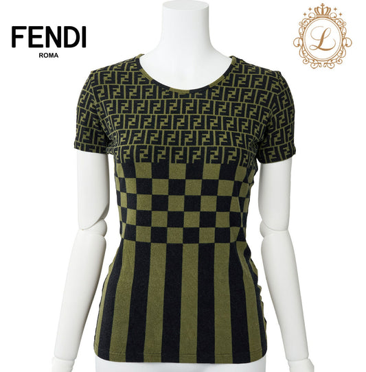 FENDI Short Sleeve T-Shirt, Zucca Print, Rayon Blend, Black, Gold-Tone Hardware, Pre-Owned - Vintage La Charme
