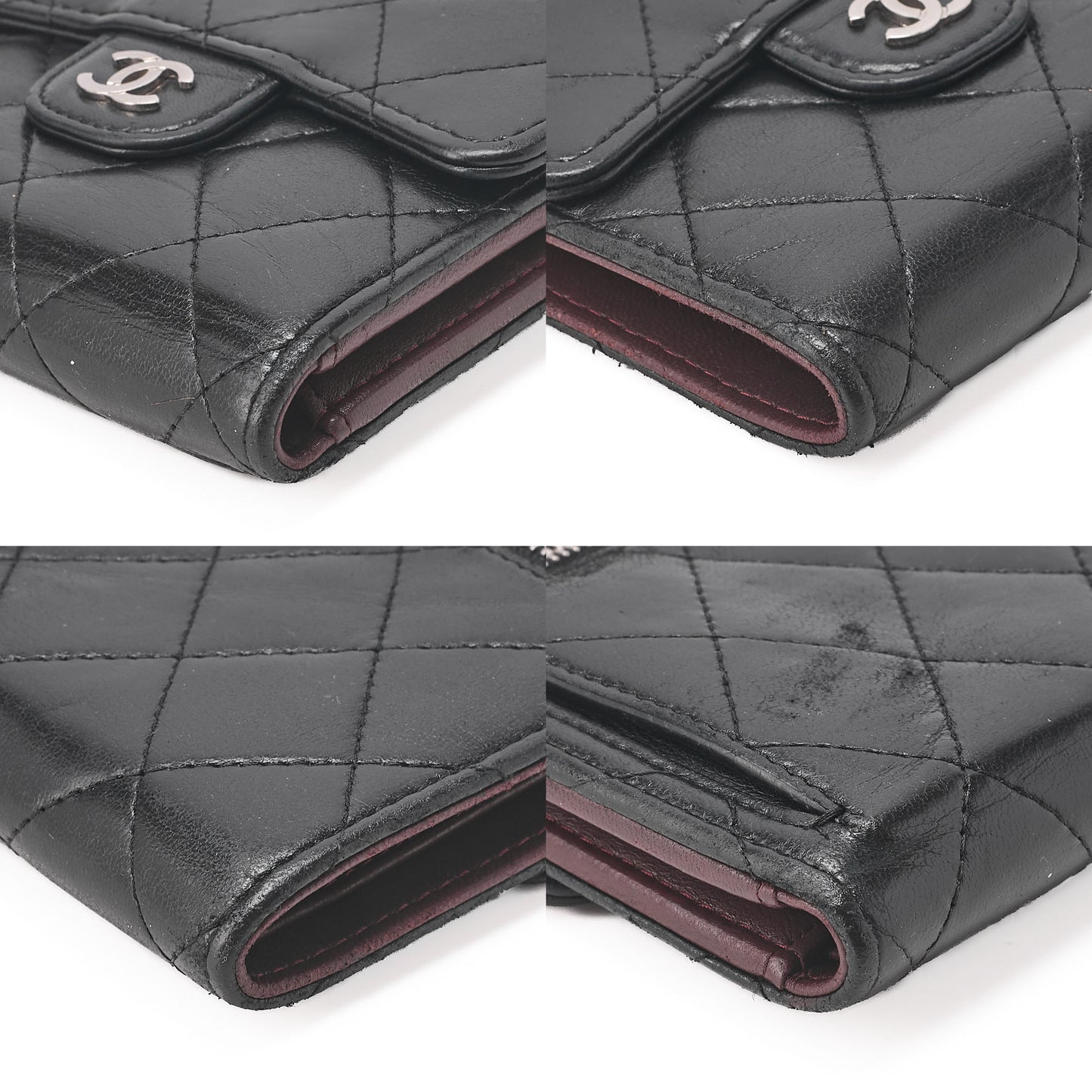 シャネル マトラッセ 三つ折り コンパクト財布 ラムスキン 黒 シルバー金具 中古