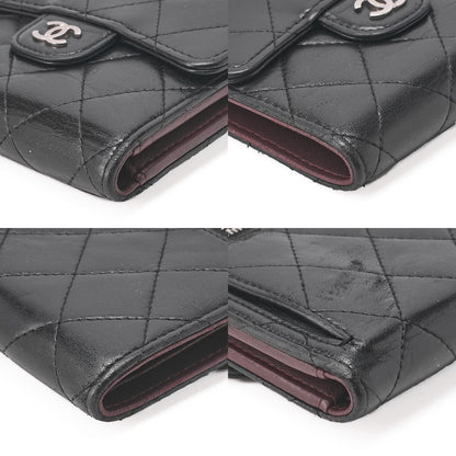 シャネル マトラッセ 三つ折り コンパクト財布 ラムスキン 黒 シルバー金具 中古