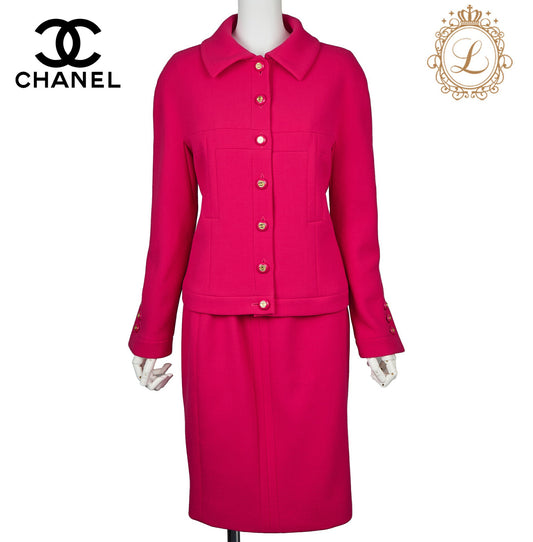 CHANEL Jacket Skirt Set, Coco Button, Wool, Pink, Gold-Tone Hardware, Pre-Owned - Vintage La Charme