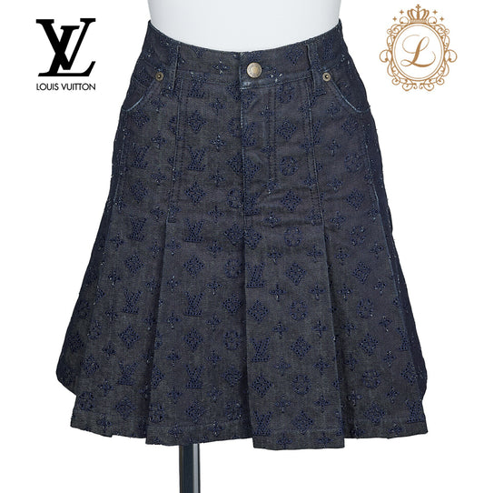 Louis Vuitton Pleated Skirt, Monogram Punching, Cotton, Blue, Silver-Tone Hardware, Pre-Owned - Vintage La Charme