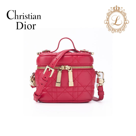 Dior Lady Dior Vanity Cannage 2WAY Shoulder Bag Lambskin Red Gold-Tone Hardware Pre-Owned - Vintage La Charme