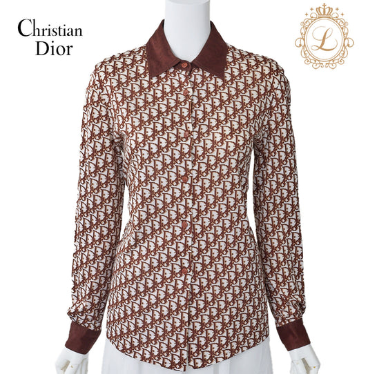 Dior Trotter Shirt Blouse Long Sleeve Cotton White Brown Gold-Tone Hardware Pre-Owned - Vintage La Charme