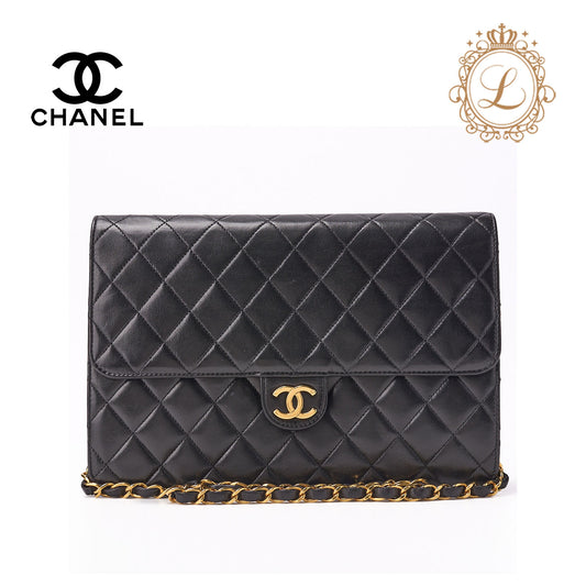 CHANEL Shoulder Bag, Matelasse, Push Lock, Chain Shoulder, Lambskin, Black, Gold-Tone Hardware, Pre-Owned - Vintage La Charme