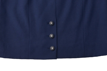 CHANEL Jacket Skirt Set, Coco Button, Wool, Navy, Gold-Tone Hardware, Pre-Owned - Vintage La Charme