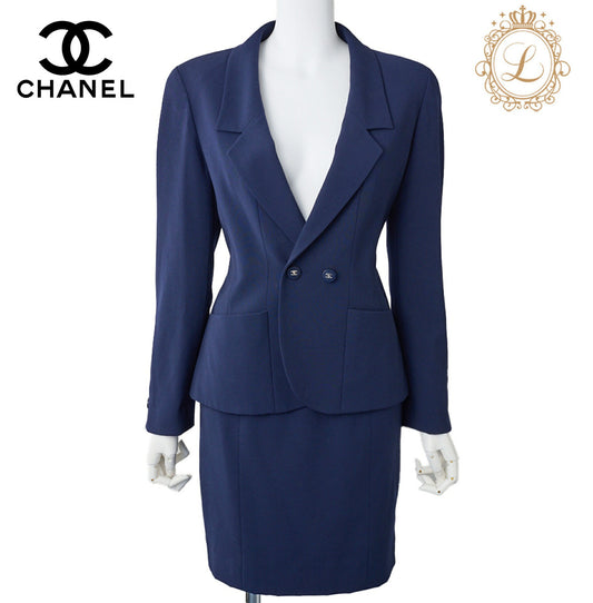 CHANEL Jacket Skirt Set, Coco Button, Wool, Navy, Gold-Tone Hardware, Pre-Owned - Vintage La Charme