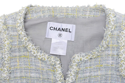 CHANEL Jacket, Tweed, No Collar, Cotton Blend, Blue, Silver-Tone Hardware, Pre-Owned - Vintage La Charme