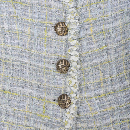 CHANEL Jacket, Tweed, No Collar, Cotton Blend, Blue, Silver-Tone Hardware, Pre-Owned - Vintage La Charme