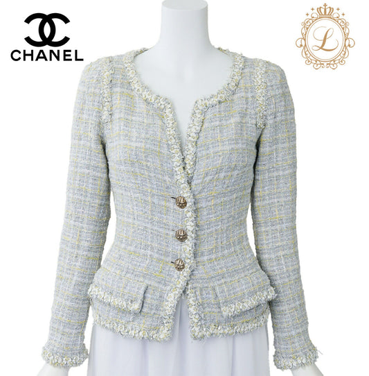 CHANEL Jacket, Tweed, No Collar, Cotton Blend, Blue, Silver-Tone Hardware, Pre-Owned - Vintage La Charme