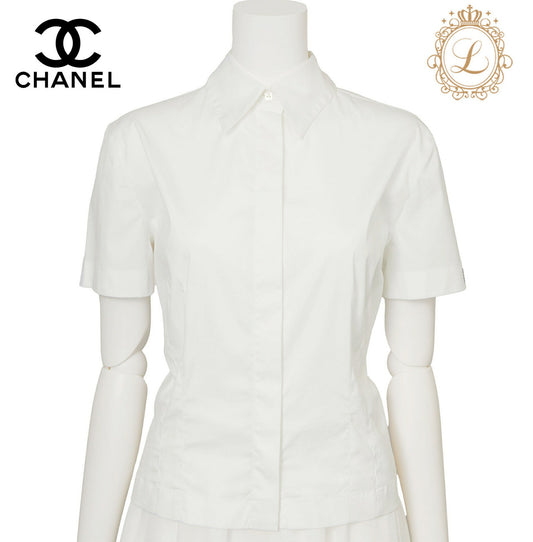 CHANEL Short Sleeve Shirt Blouse T-Shirt, Coco Mark, Cotton Blend, White, Silver-Tone Hardware, Pre-Owned - Vintage La Charme
