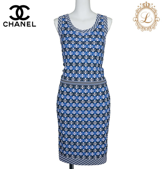 CHANEL Set Up Ensemble, Coco Mark CC Jacquard, Cotton Blend, Blue, Silver-Tone Hardware, Pre-Owned - Vintage La Charme