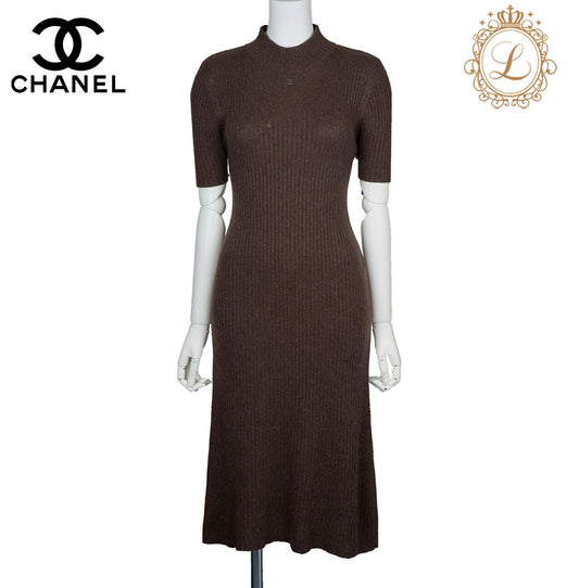 CHANEL Dress, Knit, Cashmere Rayon Nylon Blend, Brown, Gold-Tone Hardware, Pre-Owned - Vintage La Charme