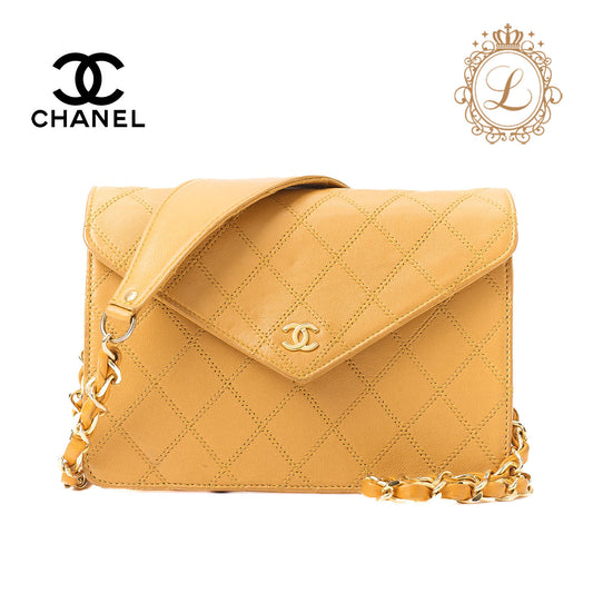CHANEL Shoulder Bag, V-Flap Push Lock, Chain Shoulder, Lambskin, Yellow, Gold-Tone Hardware, Pre-Owned - Vintage La Charme
