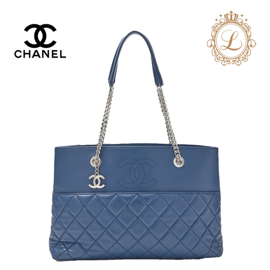 CHANEL Double Chain Tote Matelasse Lambskin Blue Silver-Tone Hardware Pre-Owned - Vintage La Charme