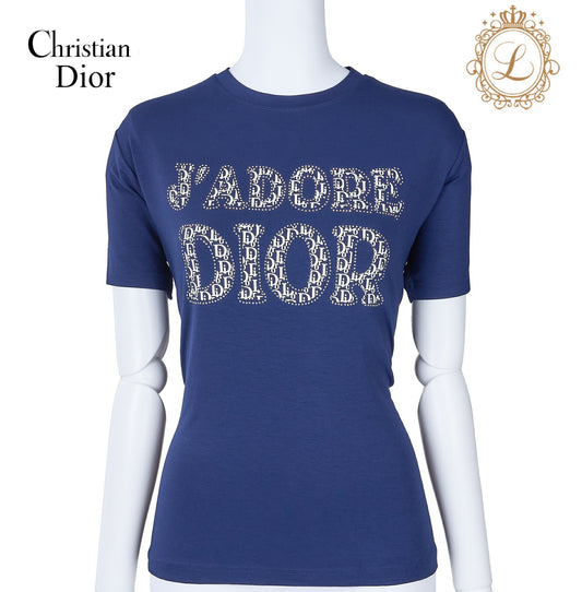 Dior T-Shirt Short Sleeve Cut-and-Sew Polyester Navy Blue Gold-Tone Hardware Pre-Owned - Vintage La Charme