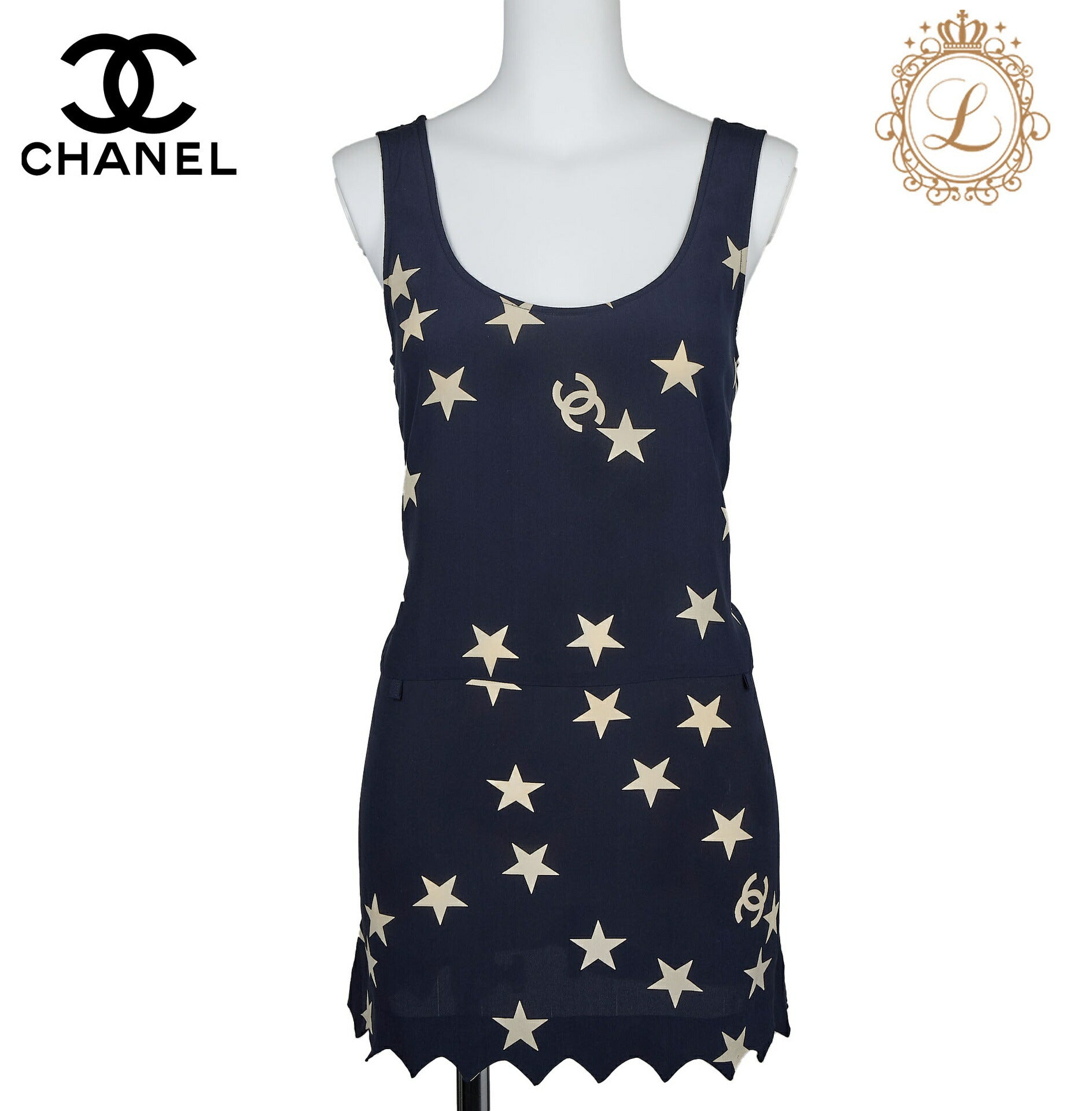 CHANEL Sleeveless Top and Skirt Set, Coco Mark Star, Silk, Black, Gold-Tone Hardware, Pre-Owned - Vintage La Charme