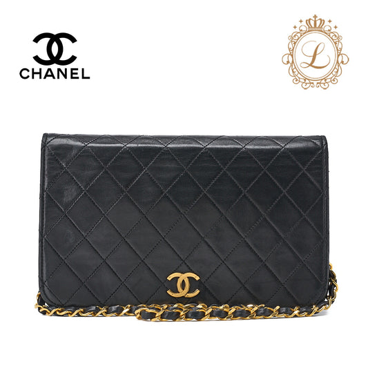 CHANEL Shoulder Bag Matelasse Full Flap Push Lock Chain Shoulder Lambskin Black Gold-Tone Hardware Pre-Owned - Vintage La Charme