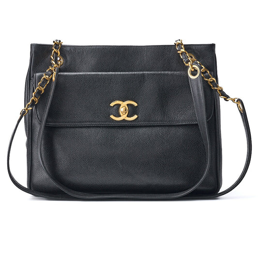 CHANEL Tote Bag, Outside Flap, Double Chain Shoulder, Caviar Skin, Black, Gold-Tone Hardware, Pre-Owned - Vintage La Charme