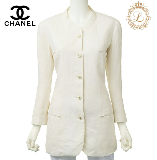 CHANEL Jacket, No Collar, Linen, White, Gold-Tone Hardware, Pre-Owned - Vintage La Charme
