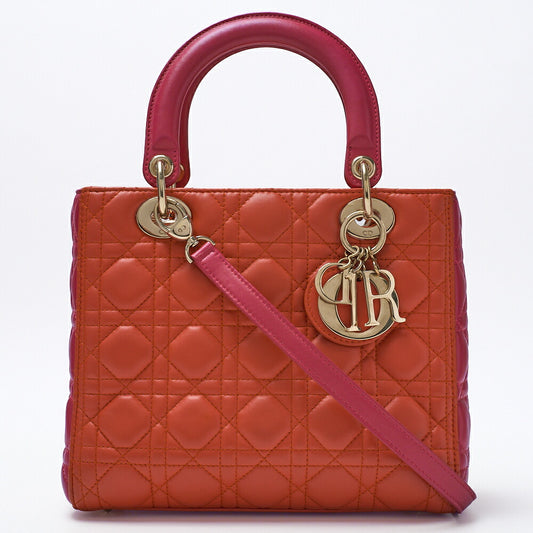 Dior Lady Dior Cannage Bicolor 2WAY Handbag Lambskin Red Gold-Tone Hardware Pre-Owned - Vintage La Charme