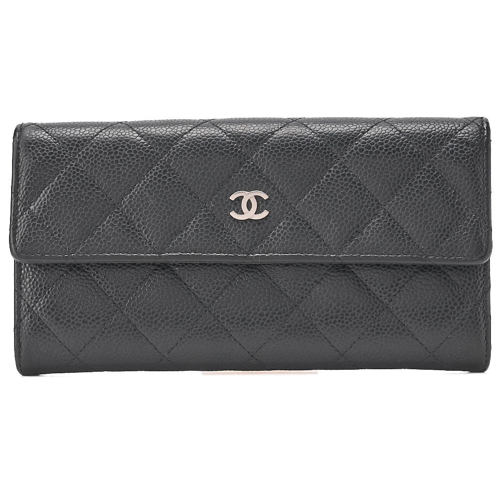 CHANEL Matelasse Bi-Fold Long Wallet Caviar Skin Black Silver-Tone Hardware, Pre-Owned