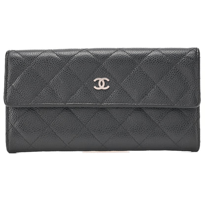 CHANEL Matelasse Bi-Fold Long Wallet Caviar Skin Black Silver-Tone Hardware, Pre-Owned
