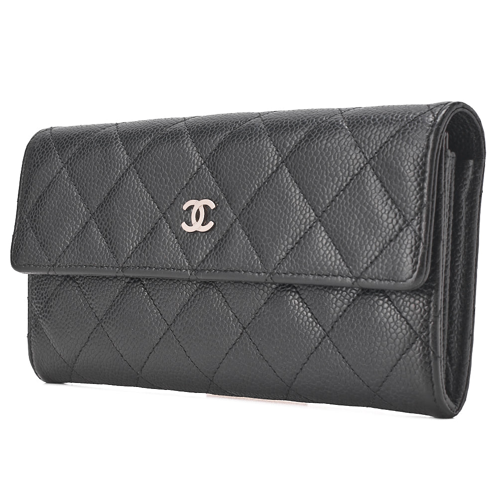 CHANEL Matelasse Bi-Fold Long Wallet Caviar Skin Black Silver-Tone Hardware, Pre-Owned