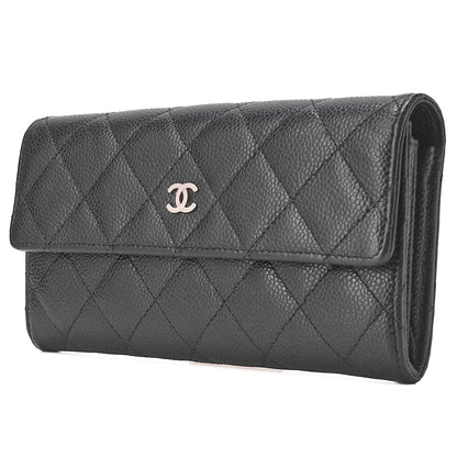 CHANEL Matelasse Bi-Fold Long Wallet Caviar Skin Black Silver-Tone Hardware, Pre-Owned