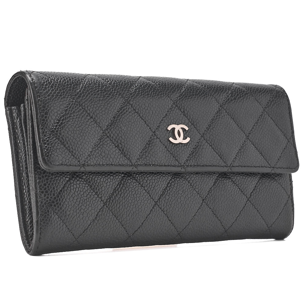 CHANEL Matelasse Bi-Fold Long Wallet Caviar Skin Black Silver-Tone Hardware, Pre-Owned
