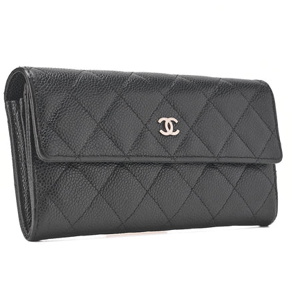 CHANEL Matelasse Bi-Fold Long Wallet Caviar Skin Black Silver-Tone Hardware, Pre-Owned