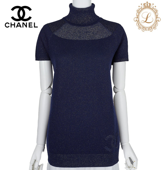 CHANEL T-Shirt, Coco Mark, Short Sleeve, Knit, Wool Cashmere Blend, Navy, Gold-Tone Hardware, Pre-Owned - Vintage La Charme