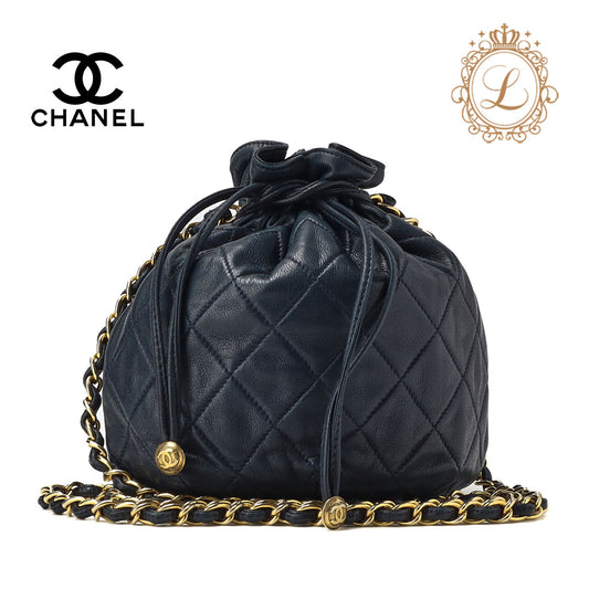 CHANEL Shoulder Bag Matelasse Drawstring Type Chain Shoulder Lambskin Navy Gold-Tone Hardware Pre-Owned - Vintage La Charme