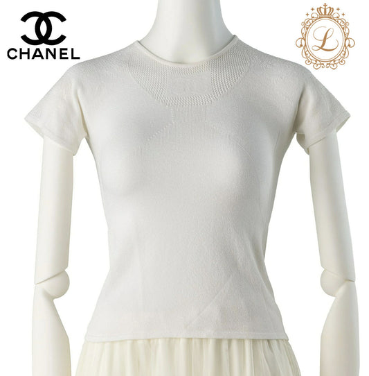 CHANEL Knit Top, Coco Mark, Short Sleeve, Rayon, White, Gold-Tone Hardware, Pre-Owned - Vintage La Charme